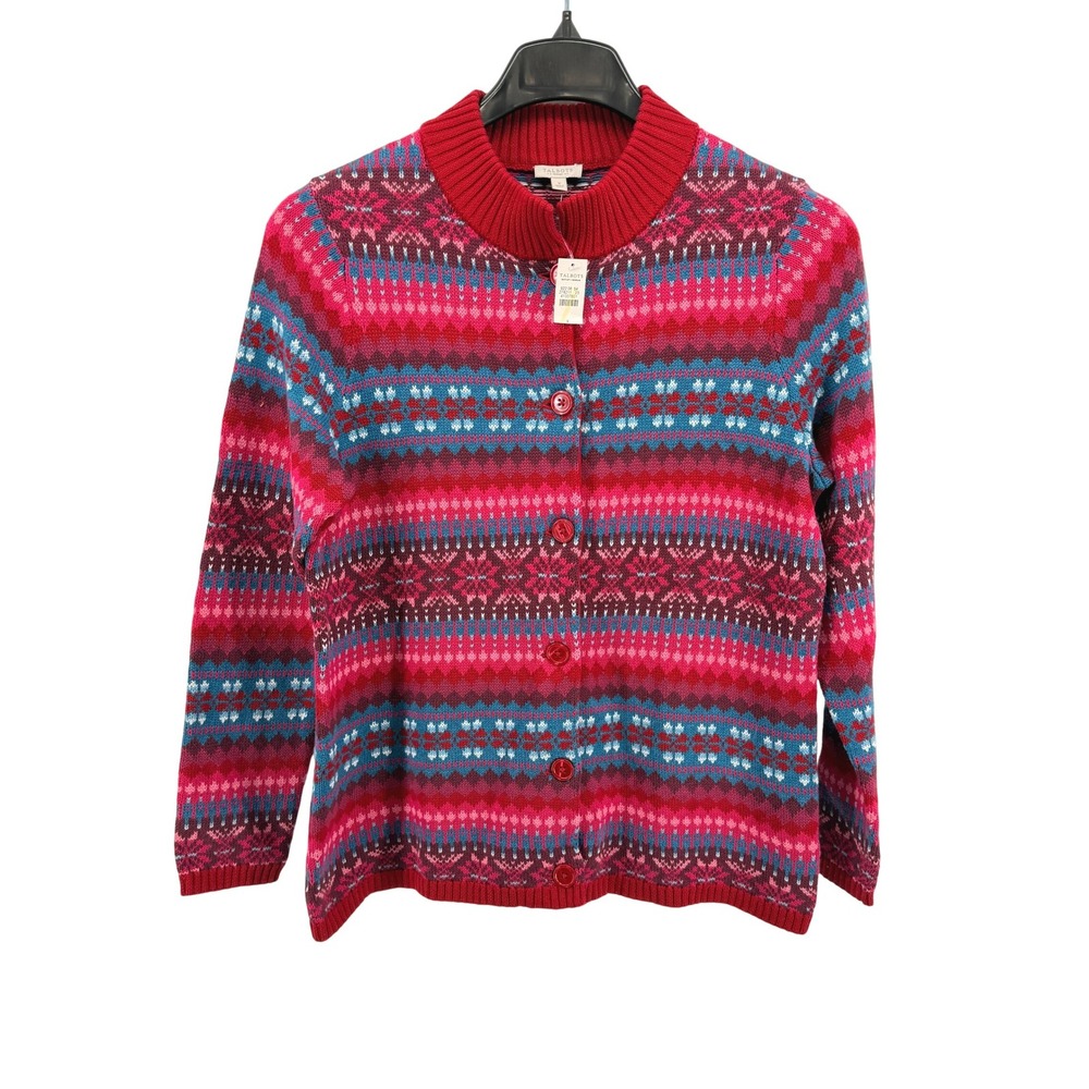 NEW Talbots Outlets Fair Isle Cardigan Women 1X Red Pink Cotton MockNeck Sweater